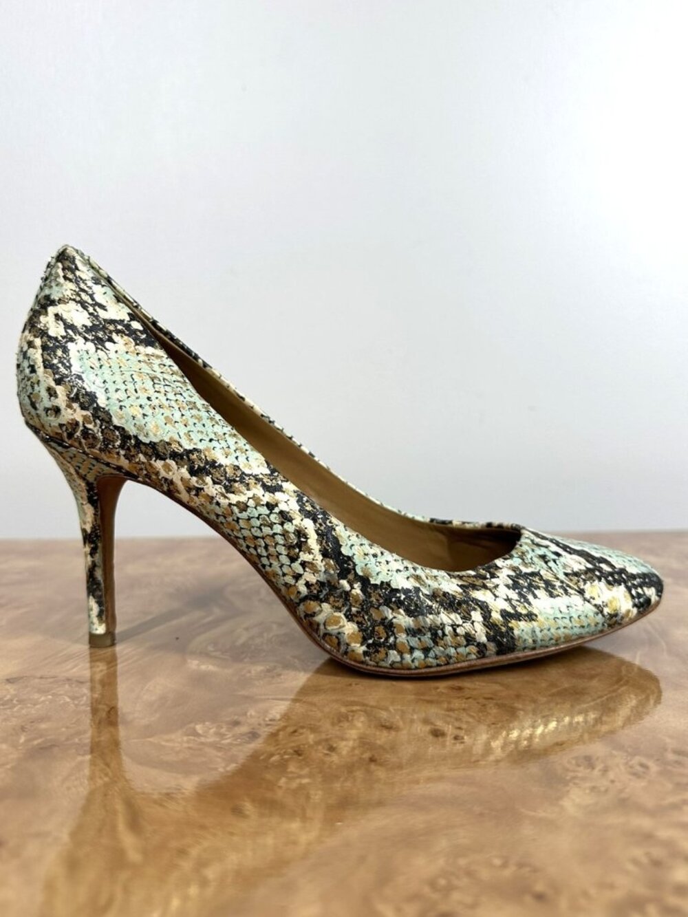 Coach Python Snakeskin Pumps Mint Green Gold Black Stiletto Heels 8.5B